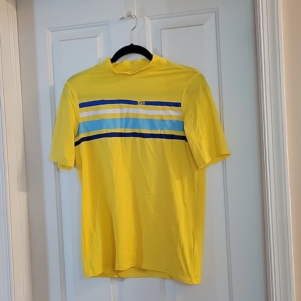 Lands end yellow with blue strip rashguard large 14-16